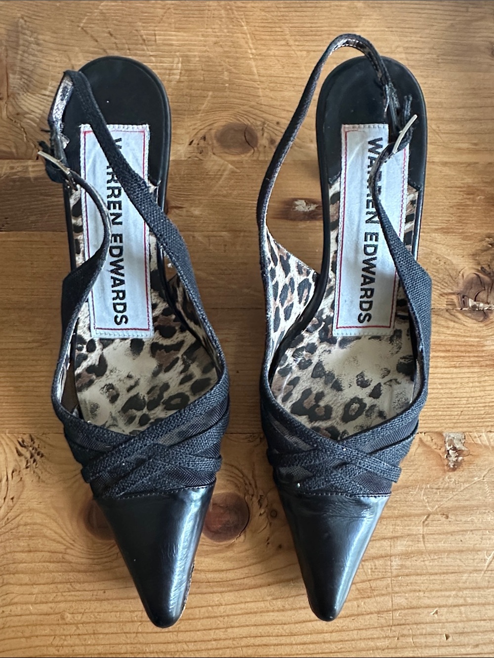 Vintage Warren Edward’s  Black Pointed Slingback Pumps with Leopard Insole